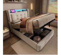 Lit coffre 90x200 beige, lit capitonné 1 place avec LED, prise USB C et rangement hydraulique, sommier à lattes inclus