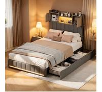 Lit coffre 90x200 cm avec 2 tiroirs de Rangement et bibliothèque, Lit 1 personne avec USB Tpye C et LED, sommier à Lattes, Lin Gris