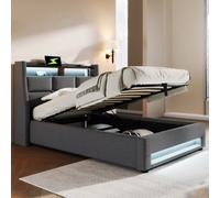 Lit coffre 90x200 cm avec étagère, LED, USB, lin, gris