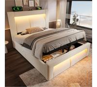 Lit coffre 90x200 cm, avec LED et ports USB et Type-C, en velours, beige, sans matelas