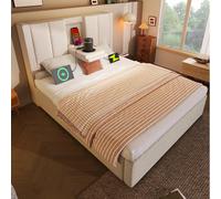 Lit coffre 90x200 cm - Avec porte-gobelet et station de charge USB - En lin - Beige