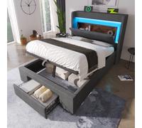 Lit coffre 90x200 cm avec tiroir et tête de lit, LED, en lin, gris, sans matelas