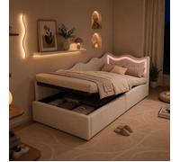 Lit Coffre 90x200 cm Canapé-Lit Simple avec Rangement Hydraulique et LED Lit Enfant avec Sommier à Lattes Velours Teddy Blanc