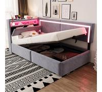 Lit coffre 90x200 cm - Lit simple - Avec tête de lit avec LED et USB - En velours - Gris