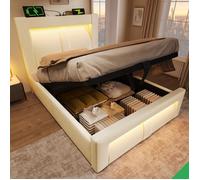 Lit coffre 90x200 cm pour 1 personne avec coffre hydraulique LED USB Type-C velours beige