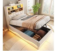 Lit Coffre 90x200cm avec Rangement LED et USB pour 1 Personne Lit Rembourré avec Rangement Tête de Lit et Cadre Métal Lin Beige