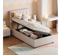 Lit coffre 90x200cm, lit capitonné d'enfant en lin, avec sommier à lattes et tête de lit, beige