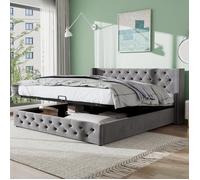Lit coffre adulte 140x190cm - lit 2 personnes - Chesterfield - Gris - A lattes - Sans matelas
