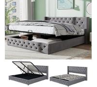 Lit coffre adulte 140x190cm - MERAX - Chesterfield - Flanelle grise - 2 places - Sommier à lattes