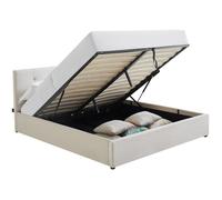 Lit coffre adulte 160x200 cm avec tête de lit matelassée en velours beige et sommier - Tina