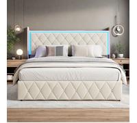 Lit coffre adulte 160x200 cm capitonné en velours Lit double avec LED Espace de rangement Sommier Lit adulte avec tête rembourrée