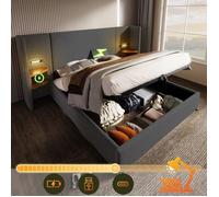Lit coffre adulte 160x200 cm Lit double rembourré avec table de chevet lampe de lecture ports USB et sommier à lattes - gris