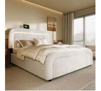 Lit coffre adulte 160x200cm avec éclairage LED et chargement USB - 4 tiroirs de rangement - Tissu Sherpa - Blanc