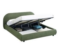 Lit coffre adulte 180x200 cm avec tête de lit matelassée en tissu bouclé vert kaki - Madisson