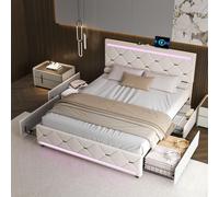 Lit coffre avec 4 tiroirs, LED multicolores et port USB – 140x190 cm – Velours blanc cassé design moderne