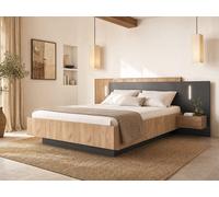Lit coffre avec chevets 140 x 190 cm - 2 tiroirs - Avec LEDs - Coloris : Naturel et anthracite + Matelas Premium - FRANCOLI