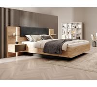 Lit coffre avec chevets 140 x 190 cm - Avec LEDs - Coloris : Naturel et anthracite - ELYNIA
