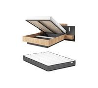 Lit coffre avec chevets 160 x 200 cm - 2 tiroirs - Avec LEDs - Coloris : Naturel et anthracite + Matelas Confort - FRANCOLI