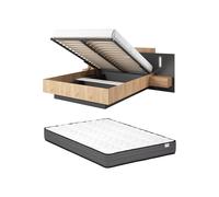 Lit coffre avec chevets 160 x 200 cm - 2 tiroirs - Avec LEDs - Coloris : Naturel et anthracite + Matelas - FRANCOLI