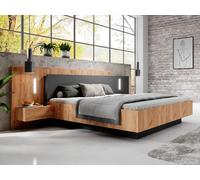 Lit coffre avec chevets 160 x 200 cm - 2 tiroirs - Avec LEDs - Coloris : Naturel et anthracite + Matelas - FRANCOLI