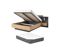 Lit coffre avec chevets 160 x 200 cm - 2 tiroirs - Avec LEDs - Coloris : Naturel et anthracite + Matelas Premium - FRANCOLI