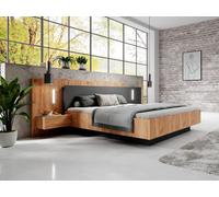 Lit coffre avec chevets 160 x 200 cm - 2 tiroirs - Avec LEDs - Coloris : Naturel et anthracite + Matelas - FRANCOLI