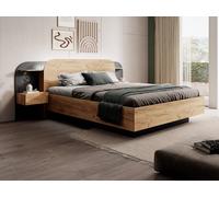 Lit coffre avec chevets 160 x 200 cm - Avec LEDs - Coloris : Naturel et noir - JUVISIA