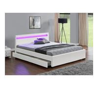 CONCEPT USINE | Lit Double Enfield 160 x 200 cm en Simili Blanc | Design Moderne avec LED Multi-Couleurs et Rangements Intégrés | Tête de Lit Lumineuse avec Télécommande | Sommier Robuste en Bois