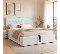 Lit coffre avec LED d’ambiance USB et USB-C vérin hydraulique - TCQPZ - en lin et MDF blanc 140 × 200 cm