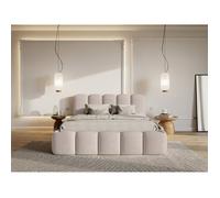 Lit coffre avec tête de lit - CLOUDY II - 140x200 cm - en bouclette beige clair