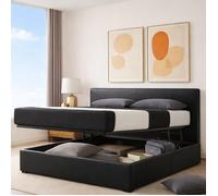 Lit coffre avec tête de lit - SAMPUR - 140x190 cm - Simili cuir noir - Ouverture horizontale ergonomique - Sommier inclus