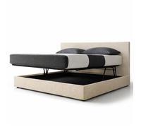 Lit coffre avec tête de lit - SAMPUR - 140x190 cm - Tissu bouclette beige - Ouverture horizontale - Grand coffre
