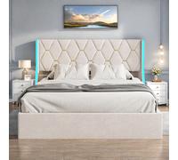 Lit Coffre beige 140x190 cm, Lit Double avec Rangement, Lits pour Adulte Coffre,avec LED Tete de lit Tissu Velours