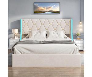 Lit Coffre beige 140x190 cm, Lit Double avec Rangement, Lits pour Adulte Coffre,avec LED Tete de lit Tissu Velours