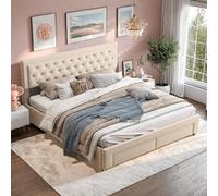 Lit coffre beige 160 x 200 cm, en velours, avec tête de lit rembourrée réglable en hauteur, lit coffre avec tiroirs et lattes en bois
