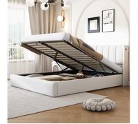 Lit coffre blanc 140×190 cm avec sommier inclus, LED + USB/Type-C, tête réglable, structure solide
