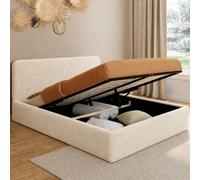 IDMarket Lit coffre double Bradford 140 x 190 cm avec tête de lit et sommier tissu bouclette Blanc