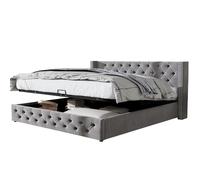 Lit coffre Chesterfield en velours gris 140×190 cm avec relevage hydraulique