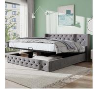 Lit coffre - Chesterfield Steel - 140 x 190 cm - Velours gris - Tête de lit capitonnée