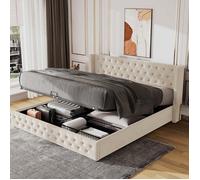 Lit coffre - Collection Chesterfield Steel - 140 x 200 cm - Velours beige - Rangement à coffre