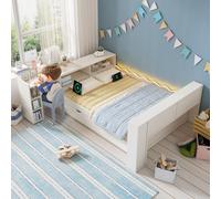 Lit coffre de 140 x 200 cm avec lit d'appoint de 90 x 190 cm, éclairage LED, prises électriques et bureau escamotable, couleur blanche
