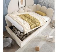Lit coffre de jour 90x190 cm, canapé-lit de jour avec espace de rangement hydraulique, lit pour enfant avec sommier à lattes en métal, en velours, couleur beige, sans matelas