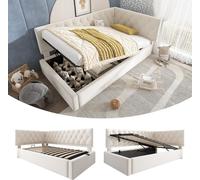Lit coffre de jour, modèle 90x190 cm, convertible en canapé-lit avec espace de rangement hydraulique. Lit pour enfant/adolescent, structure de lit avec sommier à lattes en bois, revêtement en velours,