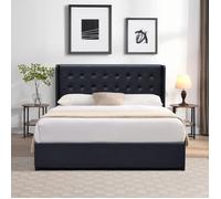 Lit coffre déhoussable noir 120x190cm avec tête de lit capitonnée - 12 lattes - Montage rapide - Revêtement PVC facile d'entretien