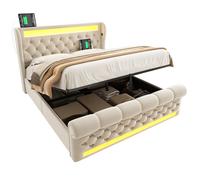 Lit coffre double 140 x 190 cm en velours beige avec LED et USB