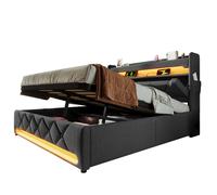 Lit coffre double 140 x 190 cm gris avec LED et ports USB