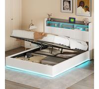 Lit coffre double 140 x 200 cm, tête de lit avec rangements et bande lumineuse LED, chargement USB, velours blanc, sommier à lattes, structure en métal, lit tapissé hydraulique - Blanc