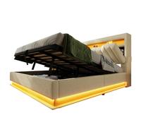 Lit coffre double 140x190 cm en lin beige avec LED et USB-C