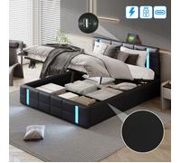 Lit coffre double 140x190 cm en pu avec LED,Tête de lit à carreaux, Sommier à lattes inclus, Lit Adulte,Style Scandinave, Noir