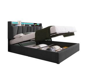 Lit coffre double 140x190 cm gris avec LED et ports USB
